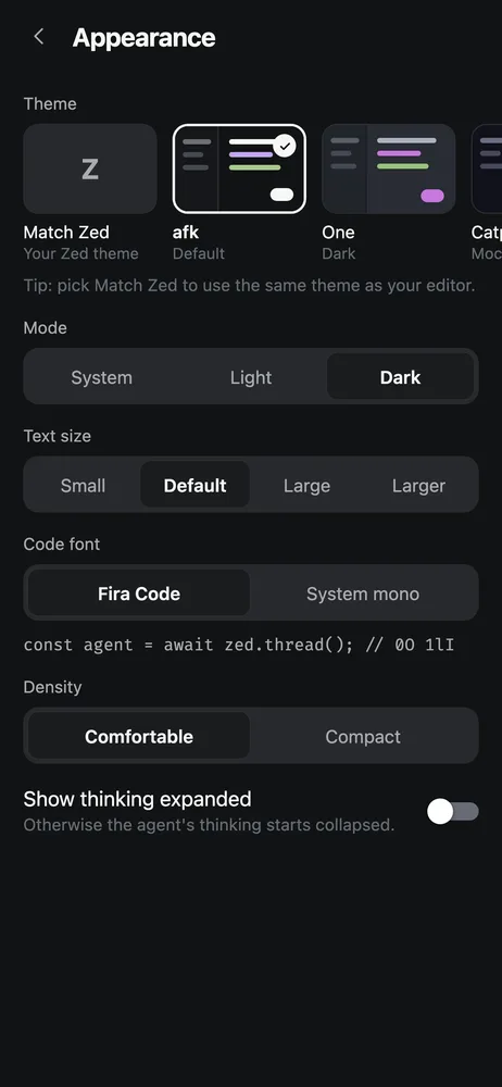 afk Appearance settings: theme cards, mode, text size, code font and density