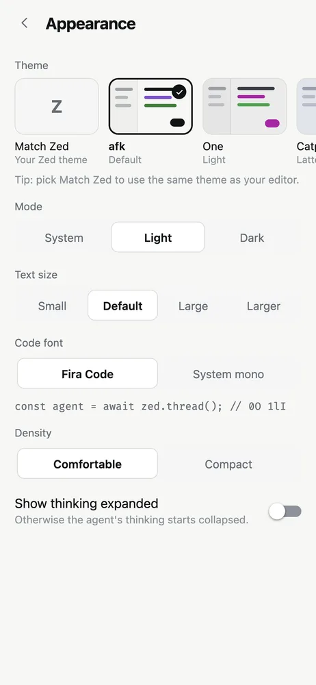 afk Appearance settings: theme cards, mode, text size, code font and density