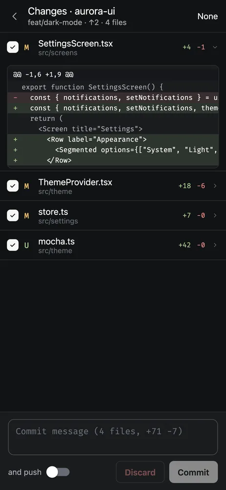 Review changes in afk: file list with a diff, commit and push