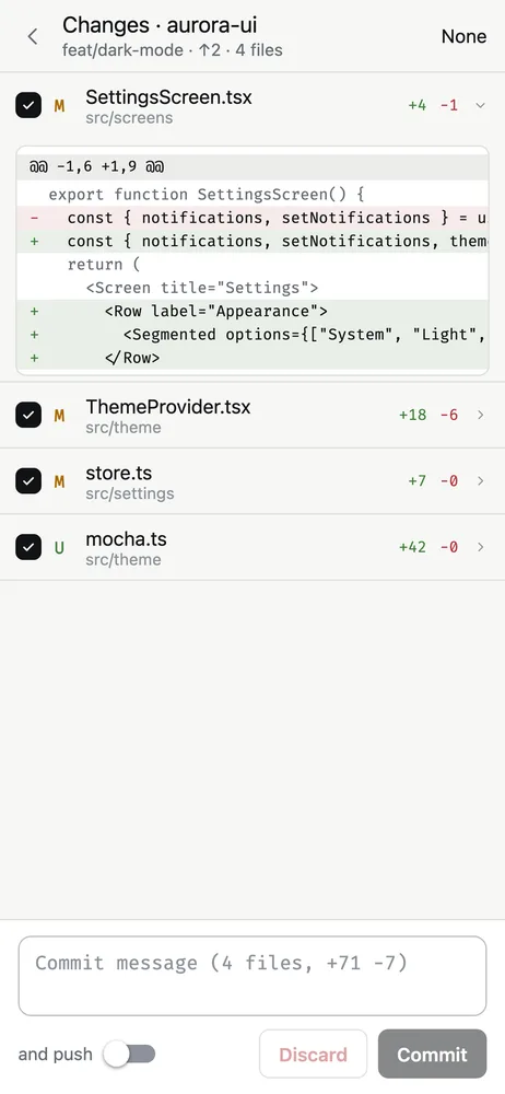 Review changes in afk: file list with a diff, commit and push