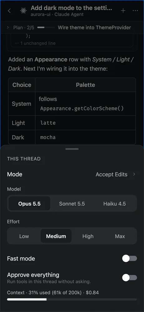 The This thread sheet in afk: mode, model, effort, Fast mode, approve everything and context usage
