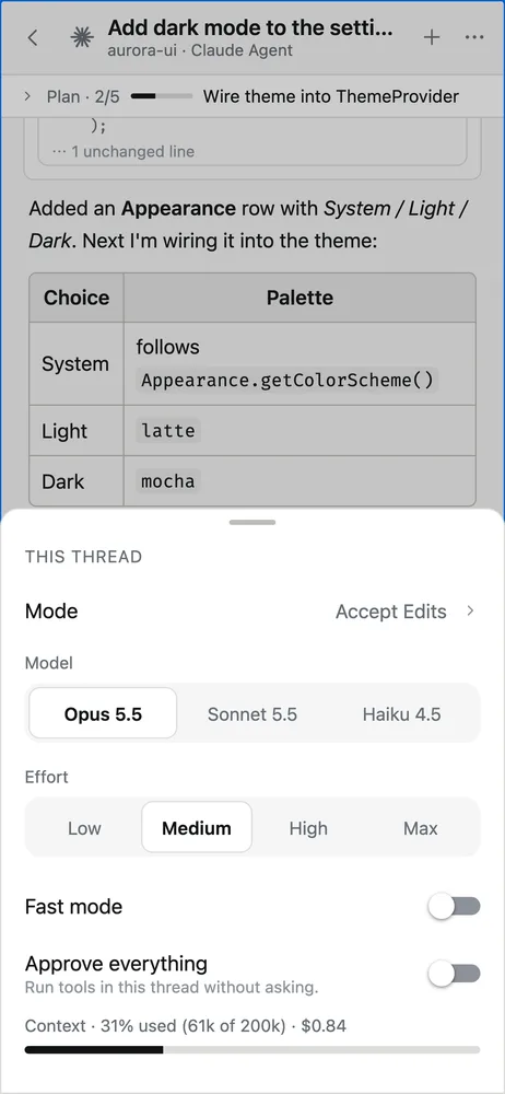 The This thread sheet in afk: mode, model, effort, Fast mode, approve everything and context usage