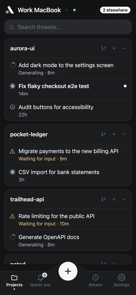 afk sidebar: projects with working, waiting and unread threads