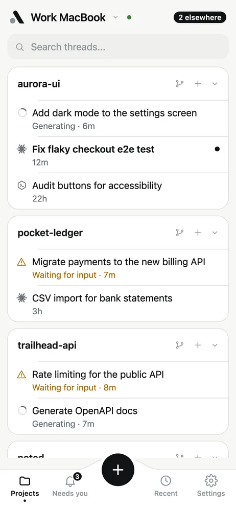 afk sidebar: projects with working, waiting and unread threads